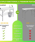 Comparison of folding fish cleaning table with collapsible bucket and faucet and a non-foldable table, highlighting features.