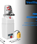 Dual Acting 12V Hydraulic Power Unit With Plastic Reservoir For Dump Truck And Trailer Hydraulic Systems Electric Pump Delivers 2900 PSI Lift With 3200 PSI Relief 6 Quart Capacity, shown front view with dimensions.