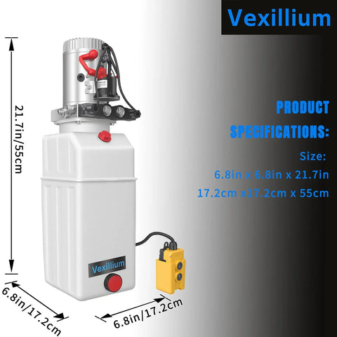 Dual Acting 12V Hydraulic Power Unit With Plastic Reservoir For Dump Truck And Trailer Hydraulic Systems Electric Pump Delivers 2900 PSI Lift With 3200 PSI Relief 6 Quart Capacity, shown front view with dimensions.