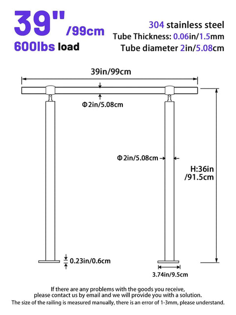 Hella Sturdy 3 Step Outdoor Handrail With Zero Sweat Diy Install Pack And Rugged 304 Stainless Steel Build For Porch Stairs On Concrete Brick Or Wood Planks Silver Finish Smooth Ride with dimensions shown.