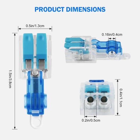 Premium 30 Piece T Tap Wire Connectors Kit For Fast No Strip Low Voltage Splicing 1 In 2 Out Push In Quick Connects Compatible With 20-14 AWG Cables Super Cool And Easy To Use Every Time. clear 1.5in blue wire connector dimensions