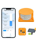 Smart WiFi Water Level Sensor For Tanks And Oil Tanks Remote Alarm with phone app, orange sensor unit, solar panel, and monitor screen.