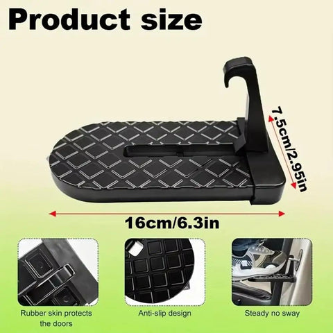 Beefed Up Aircraft Grade Aluminum Door Step For Tesla Cybertruck Roof Rack Cargo Gear Haul Rock Solid Tailgate Entry Platform With Paint Safe Rubber Grip Pads, showing dimensions and anti-slip design.