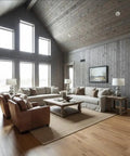 Pro Grade Reactive Water Based VOC Free Wood Stain For Pine Delivers A Sweet Rustic Weathered Gray Brown Look in a cozy living room.