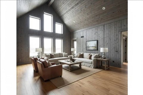 Pro Grade Reactive Water Based VOC Free Wood Stain For Pine Delivers A Sweet Rustic Weathered Gray Brown Look in a cozy living room.