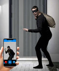 Slick New Smart Entrance Lock With Rapid Fingerprint Access And Solid Password Shield Featuring Wide Angle 3D Face Tracking Remote Video Intercom and Bright Indoor Panel For Tight Home Security Setup, showing a thief caught on video.