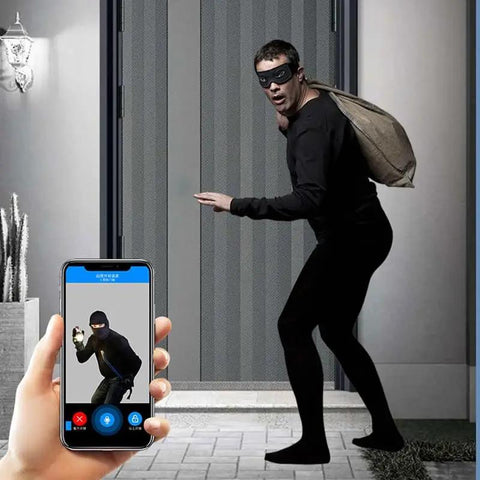 Slick New Smart Entrance Lock With Rapid Fingerprint Access And Solid Password Shield Featuring Wide Angle 3D Face Tracking Remote Video Intercom and Bright Indoor Panel For Tight Home Security Setup, showing a thief caught on video.