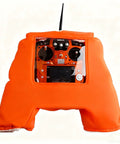 Warm RC Transmitter Gloves for Outdoor Flying, windproof foldable drone controller hand warmers, orange, showing clear transmitter view