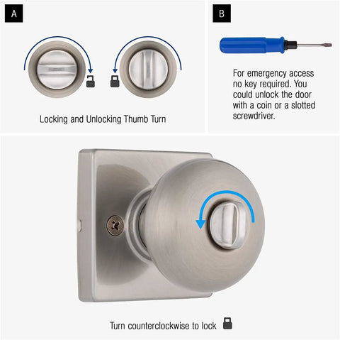 Slick Contemporary Privacy Ball Door Knob Set With Lock And Key Satin Nickel Finish Interior Door Knobs For Modern Home.