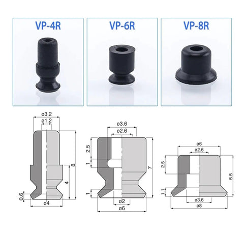 Top Shelves Flat Vacuum Suction Cups 50 Mm 10 Pack Silicone And Nitrile Rubber For Pneumatic Tools Manipulators showing VP-4R, VP-6R, VP-8R models.