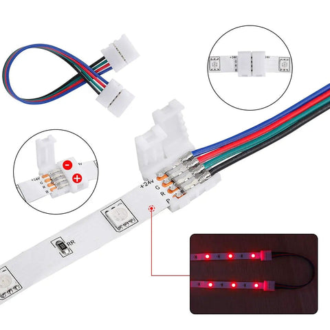 4 Pin 10mm LED Strip Connector Kit With 90 Degree Angled Jumpers and solderless L Shape Plug connecting 5050 2835 RGB lights