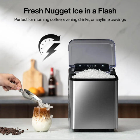 Fast Nugget Ice Maker Countertop With Self Cleaning Pump Delivers 35 Lbs Per Day Of Pebble And Pellet Ice in stainless steel.
