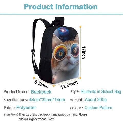 Side view of a roomy college laptop backpack with dope galaxy space cat design fits 15 inch notebook durable oxford fabric for school work travel gym commuting travel ready gear.