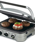 Top Notch Cuisinart 5 In 1 Griddler Indoor Grill Panini Press And Sandwich Maker With Dishwasher Safe Nonstick Cooking Plates Stainless Steel Finish cooking burgers.