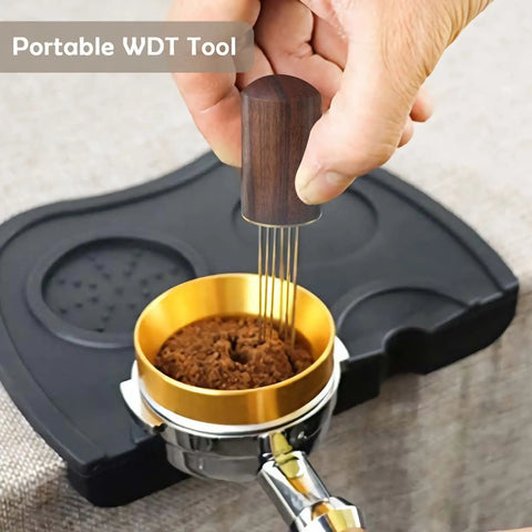 Espresso Distribution Tool With Six Needles And Walnut Wood Handle, Portable Coffee Stirrer For Even Extraction, Pro Grade Performance For Home Or Studio Barista Set, Includes Stand And Natural Wood Grip