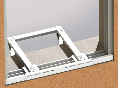 Tool Free No Drilling Window AC Bracket mounted on window sill, adjustable for single or double hung windows, heavy duty support visible