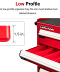 Red shallow tool cabinet drawer with a low-profile 1.5 inch Three Compartment Organizer Tray Black for small tools and parts.