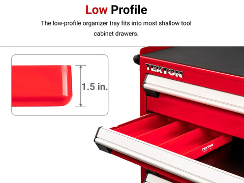 Red shallow tool cabinet drawer with a low-profile 1.5 inch Three Compartment Organizer Tray Black for small tools and parts.