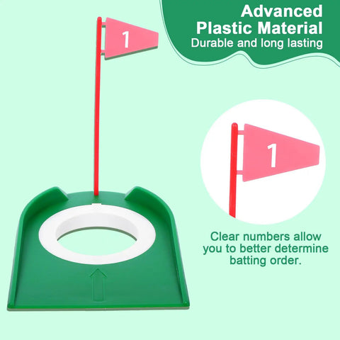 Close-up of Six Pack Golf Putting Cups With Flags, green plastic cup with red flag, labeled number one, highlights durable design.