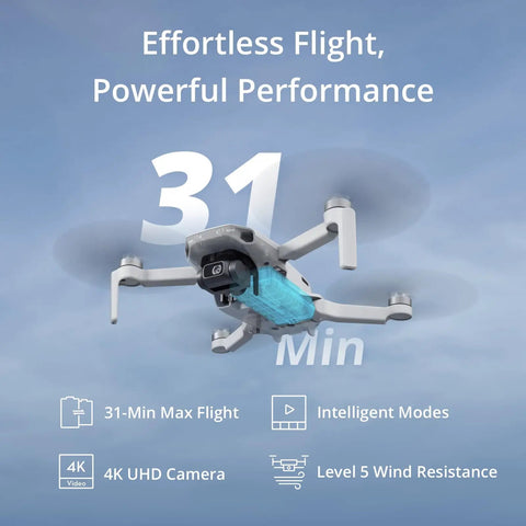 Ultra Portable 4K Drone With Camera For Beginners, 3 Axis Gimbal, FPV Transmission flying against blue sky with 31 min flight time