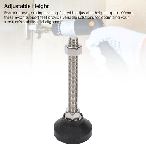 Heavy Duty Adjustable Furniture Leveling Feet With Nylon Support Legs And Rubber Anti Slip Pads, Height Adjustable Up To 100mm For Tables And Chairs, Easy Install Stabilizers For Uneven Floors. single metal leveling foot with black rubber pad