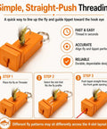 Two Pack Magnetic Fly Threader And Knot Tying Tool With Keychain In Orange, Grab And Go Fishing Gear For Quick Threading And Easy Secure Knots, Great Spare Set For You And Your Buds On The Water. Orange fly threader with keychain, shown with fly and threading steps