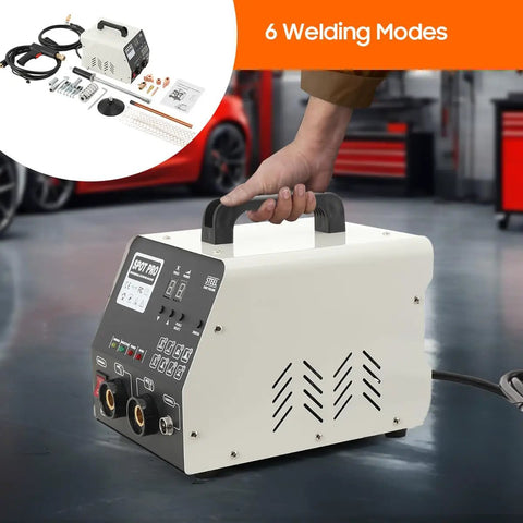 Spot Welder Dent Repair Kit For Auto Body 110V 3800A High Power Weld Tool With 6 Welding Modes shown in a garage setting