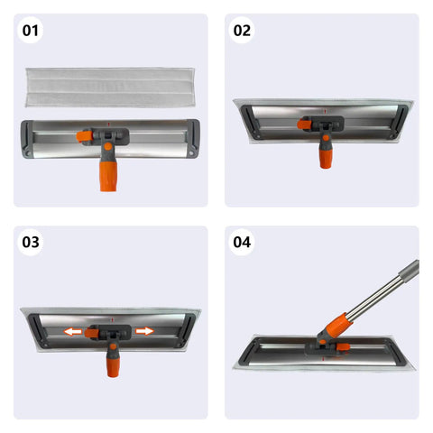 Heavy Duty 17 Inch Microfiber Flat Mop Built Like A Tank For No Sweat Floor Care showing adjustable pole and reusable pads.