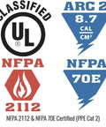Certification labels for Super Durable Flame Resistant Work Shirt In Large Gray Size Rugged FR Cotton, NFPA 2112 and 70E rated.