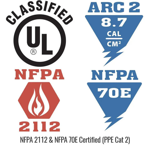 Certification labels for Super Durable Flame Resistant Work Shirt In Large Gray Size Rugged FR Cotton, NFPA 2112 and 70E rated.