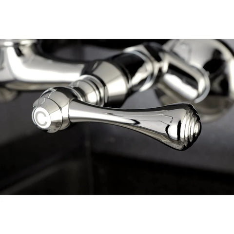 Close-up of handle on Old-School Vintage Wall Mount Kitchen Faucet Brushed Nickel With Solid Brass Construction, detail view