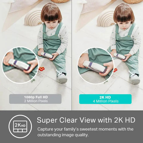 Comparison of 1080p Full HD and 2K HD images; child playing; detail clarity with 2K Plus Indoor Security Camera For Baby, Pets, And The Fam At Home