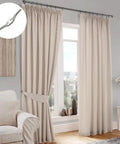 Beige curtains tied with Six Pack Stainless Steel Marine Rope Cleats And Blinds Cord Cleats in a living room.