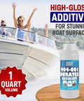 Bottle of Clear Hi Gloss Gelcoat Additive For Pro Grade Air Cure Finish That Turns Gelcoat Porcelain Hard With High Gloss Without Wax Or PVA Ideal For Marine Restorations Mold Work DIYers And Cosmetic Gelcoat Repairs Quart Size on wooden surface with boat in background