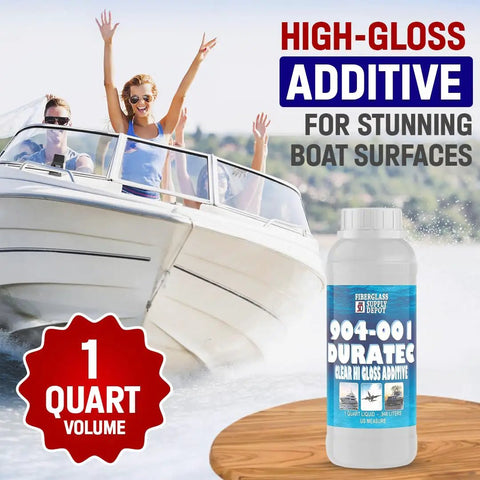 Bottle of Clear Hi Gloss Gelcoat Additive For Pro Grade Air Cure Finish That Turns Gelcoat Porcelain Hard With High Gloss Without Wax Or PVA Ideal For Marine Restorations Mold Work DIYers And Cosmetic Gelcoat Repairs Quart Size on wooden surface with boat in background
