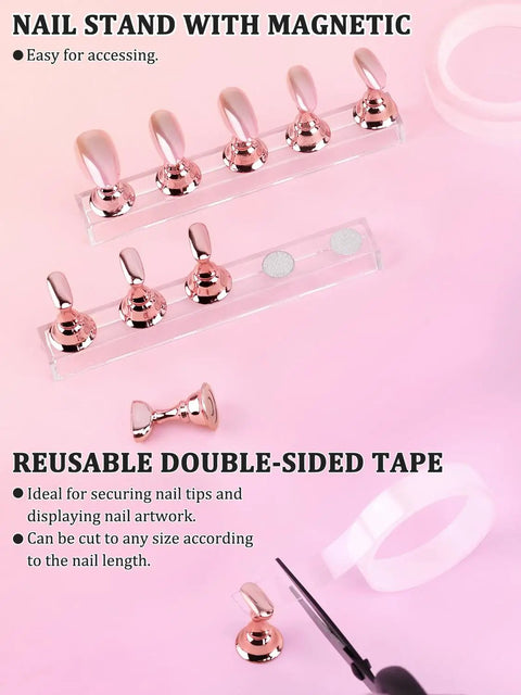Magnetic Nail Stand Kit With Nano Tape Pro Nail Art Brushes on pink background, showing magnetic stand and nano tape.