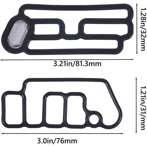 2 Piece VVT Solenoid Gasket Kit For Honda Acura 3.5L VTEC Engines, black rubber gaskets with measurements shown