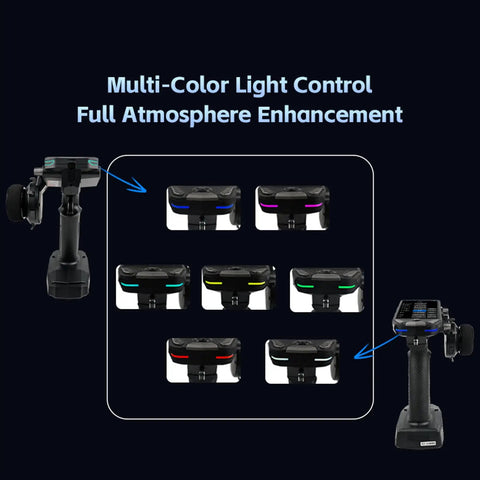 2.4GHz 11CH RC Transmitter With Dual Antennas And 3.5 Inch IPS Screen showing multi-color light control options for RC cars and boats