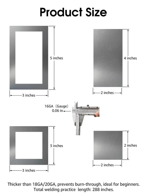 Welding practice kit size diagram for Amazon; four metal coupons in 5x3 in, 4x2 in, 3x3 in, and 2x2 in with 16GA (0.06 in).