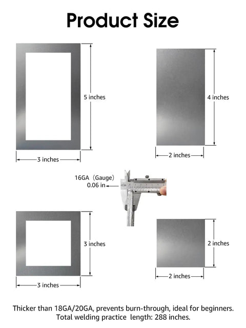 Hot 24Pcs Welding Practice Kit For Beginners Includes Super Strong Magnet With 28lb Pull Force And Laser-Cut Mild Steel Coupons At 8 Precise Angles To Help You Level Up Your Skills Fast, showing size dimensions of various steel coupons.
