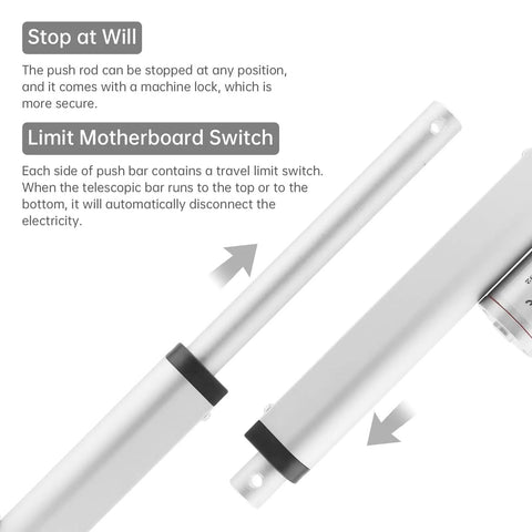 Beefy 12V Linear Actuator With 1000N Thrust, High Speed 14mm Per Sec, 100mm Stroke Version showing limit switch features.