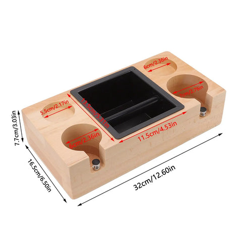 Premium Wood Espresso Tamper Holder Stand With Knock Box, 32cm, solid wood construction for barista use.