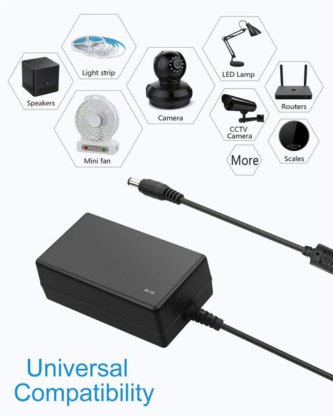 12V DC Power Supply 3A Universal AC Adapter 100-240V Input 50-60Hz To 12V Output Power Brick For LED Strip Lights CCTV Cameras PC Monitors And More With 5.5mm x 2.5mm Or 2.1mm DC Connector, black adapter and plug