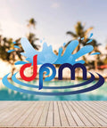 Logo with splash design in front of blurred pool and palm trees background