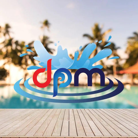 Logo with splash design in front of blurred pool and palm trees background