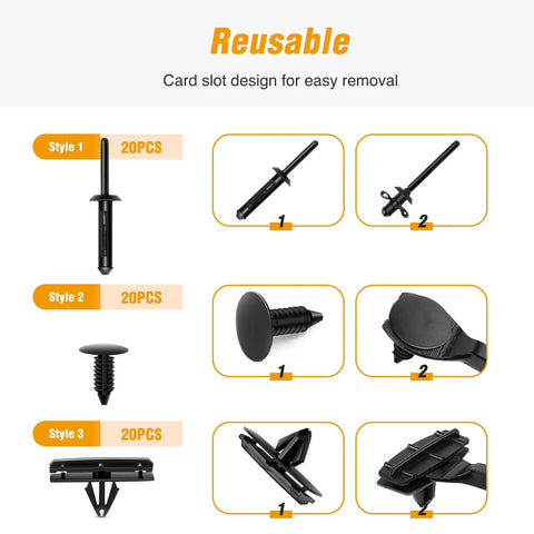 Badass 60 Piece Auto Body Trim Pack With Fender Flare Clips And Rocker Molding Retainers For Jeep Wrangler Chrysler Ford Rig Plus Slick Fastener Puller Tool, featuring reusable styles and card slot design.