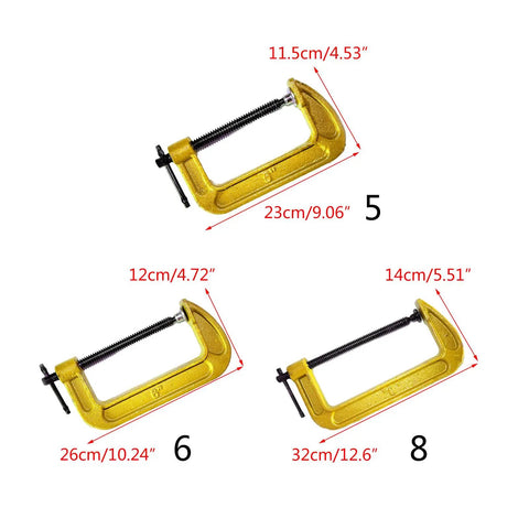Heavy Duty C Shaped Clamp for Woodworking and Metalworking in 5, 6, 8 inch sizes with deepened threads
