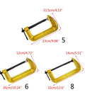 Three sizes of C Shaped Woodworking Clamp For Quick Easy Clamping On Various Materials Heavy Duty Steel Carpenter Tool With Rust Resistant Build And Deep Thread Grip Ideal For Pros And DIY Hobbyists, shown with dimension labels in yellow.