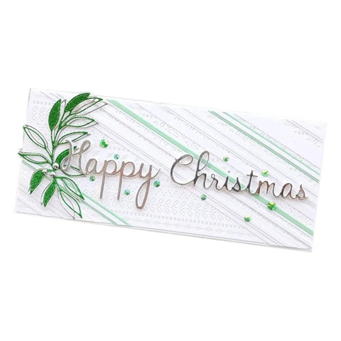 Handmade card with 'Happy Christmas' text using strip frame metal die cut set for scrapbooking and card making, decorative green leaves.