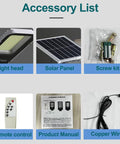 Accessory list for JUDYSSY 150W Solar Street Lights Outdoor including light head, solar panel, remote control, and screws.